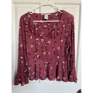 American Rag Cie Women's Burgundy Floral Bell Sleeve Peplum Top Size Medium